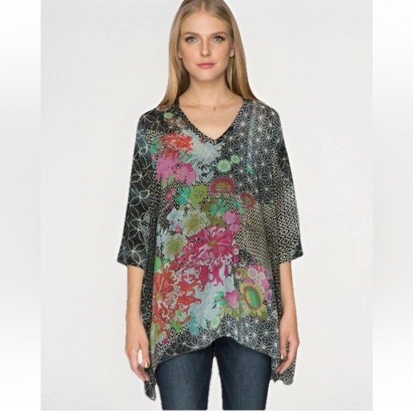 JOHNNY WAS Tani Embroidered Floral Print V Neck Tunic Top - Picture 1 of 10